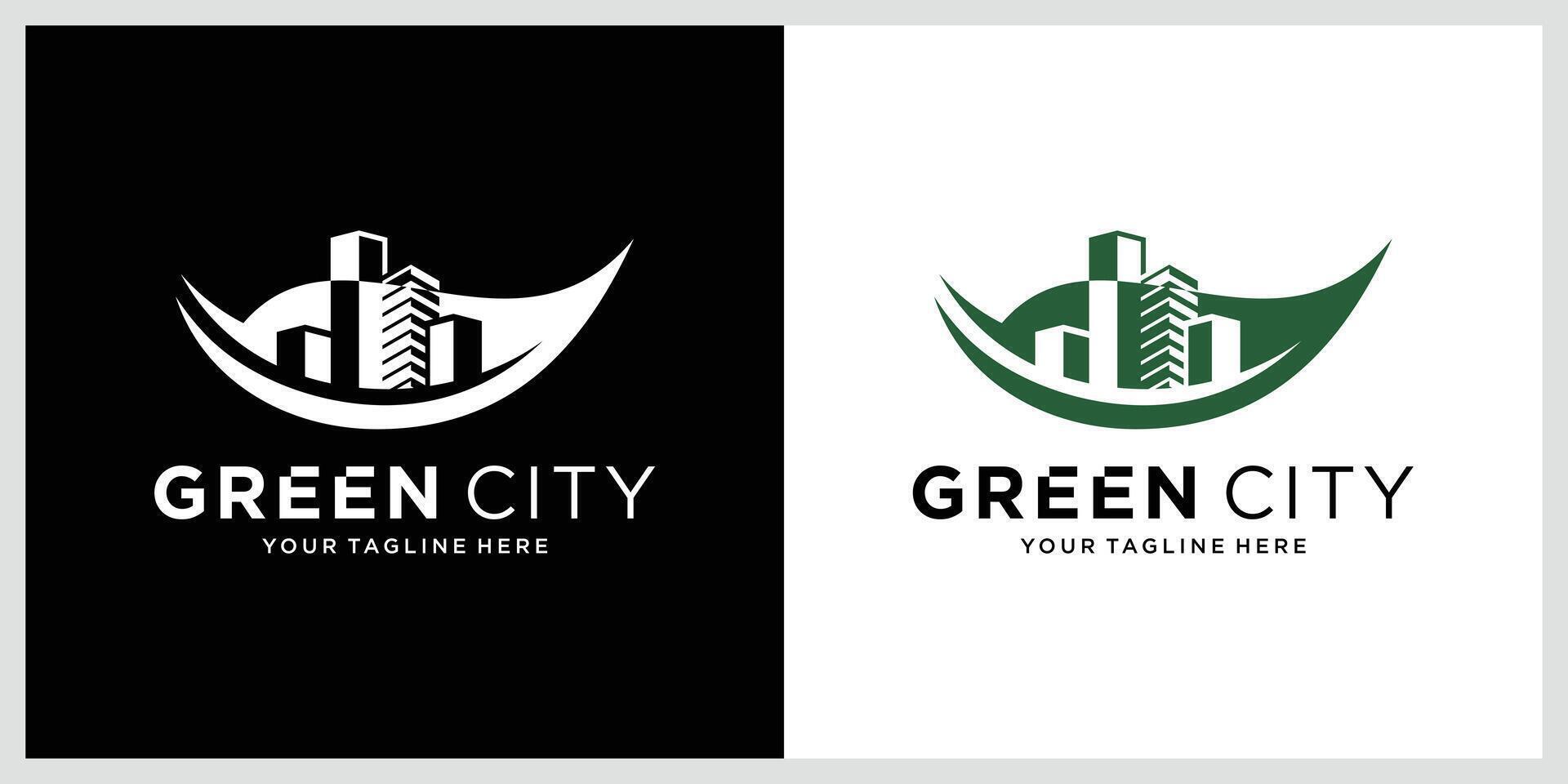 Logo combination of leaves and buildings, green city, simple design template vector