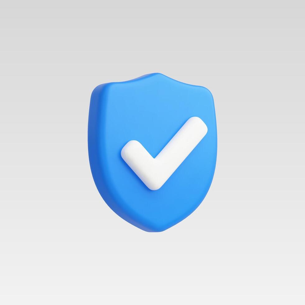 3D render of a blue shield with a white checkmark, symbolizing security and approval. vector