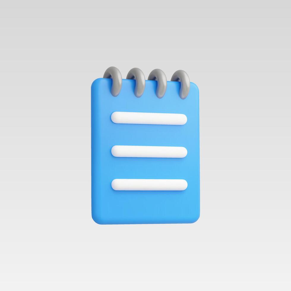 3D render of a blue notepad icon with white lines and grey spiral binding. Clean and simple design. vector
