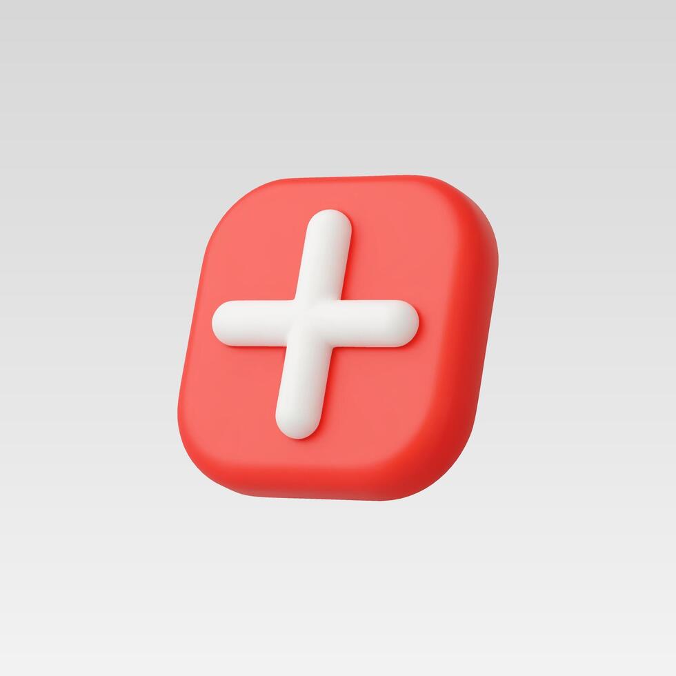 3D rendered red square button with white plus sign vector