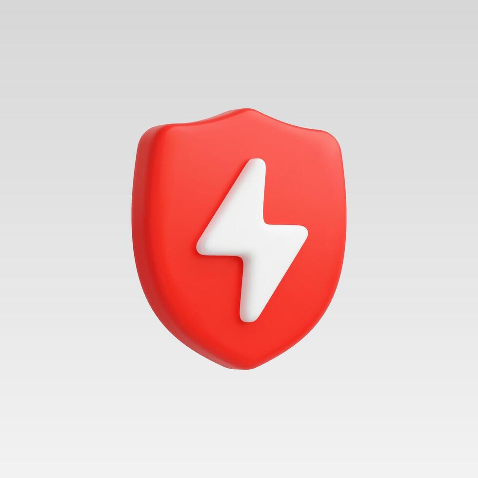 Red shield icon with white lightning bolt, 3D rendering vector