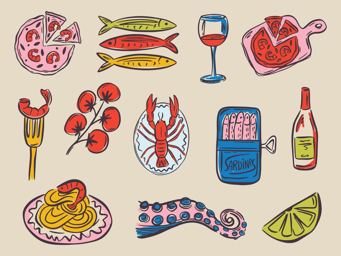 Whimsical hand drawn sea food illustrations in trendy whimsical style. Perfect doodle for quirky italian wedding holiday, poster, dinner and bar menu, bachelorette party, birthday invitation, sign vector
