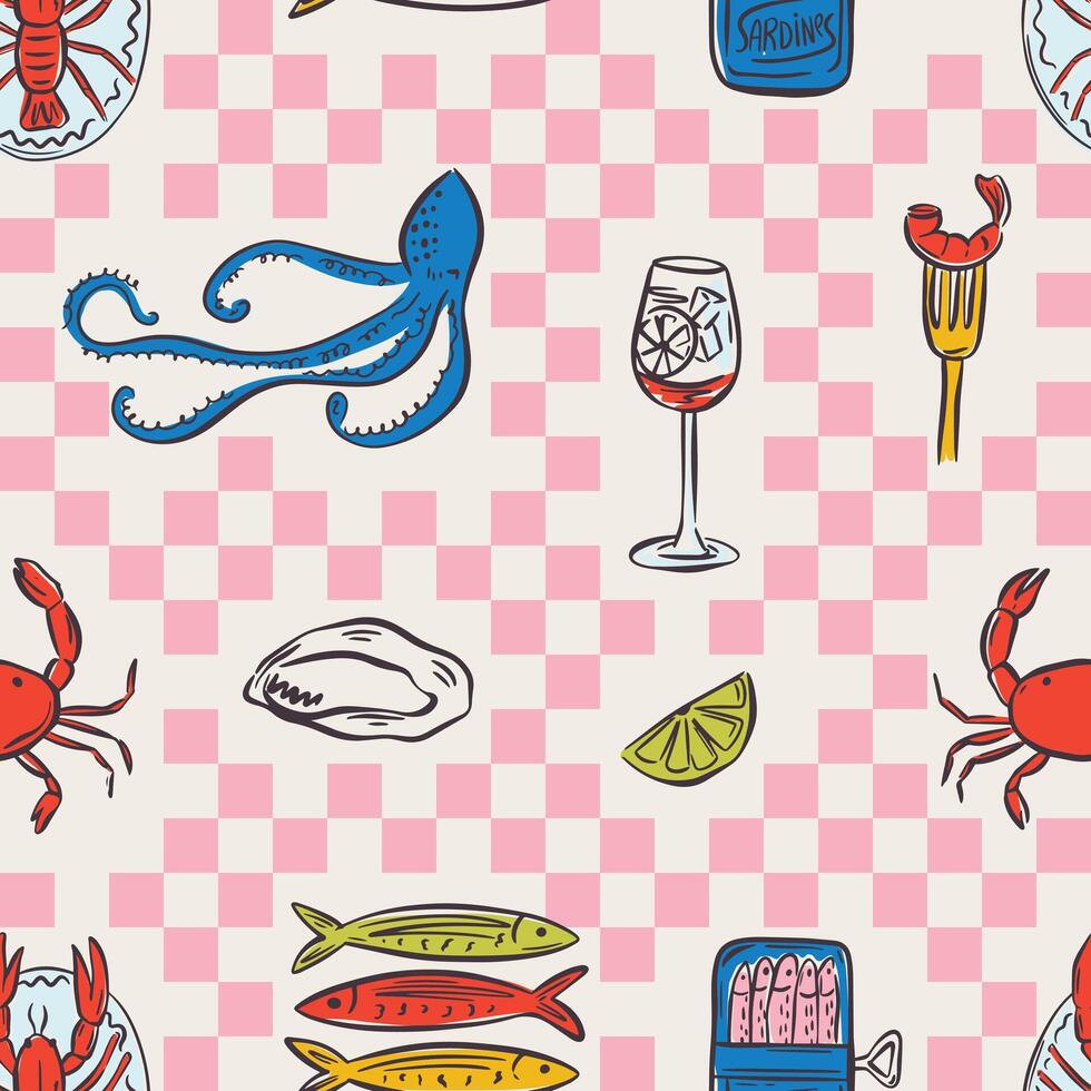 Whimsical hand drawn sea food seamless pattern in trendy whimsical style. Perfect background for quirky italian wedding holiday, poster cards, dinner and bar menu, fabric, wrapping paper vector