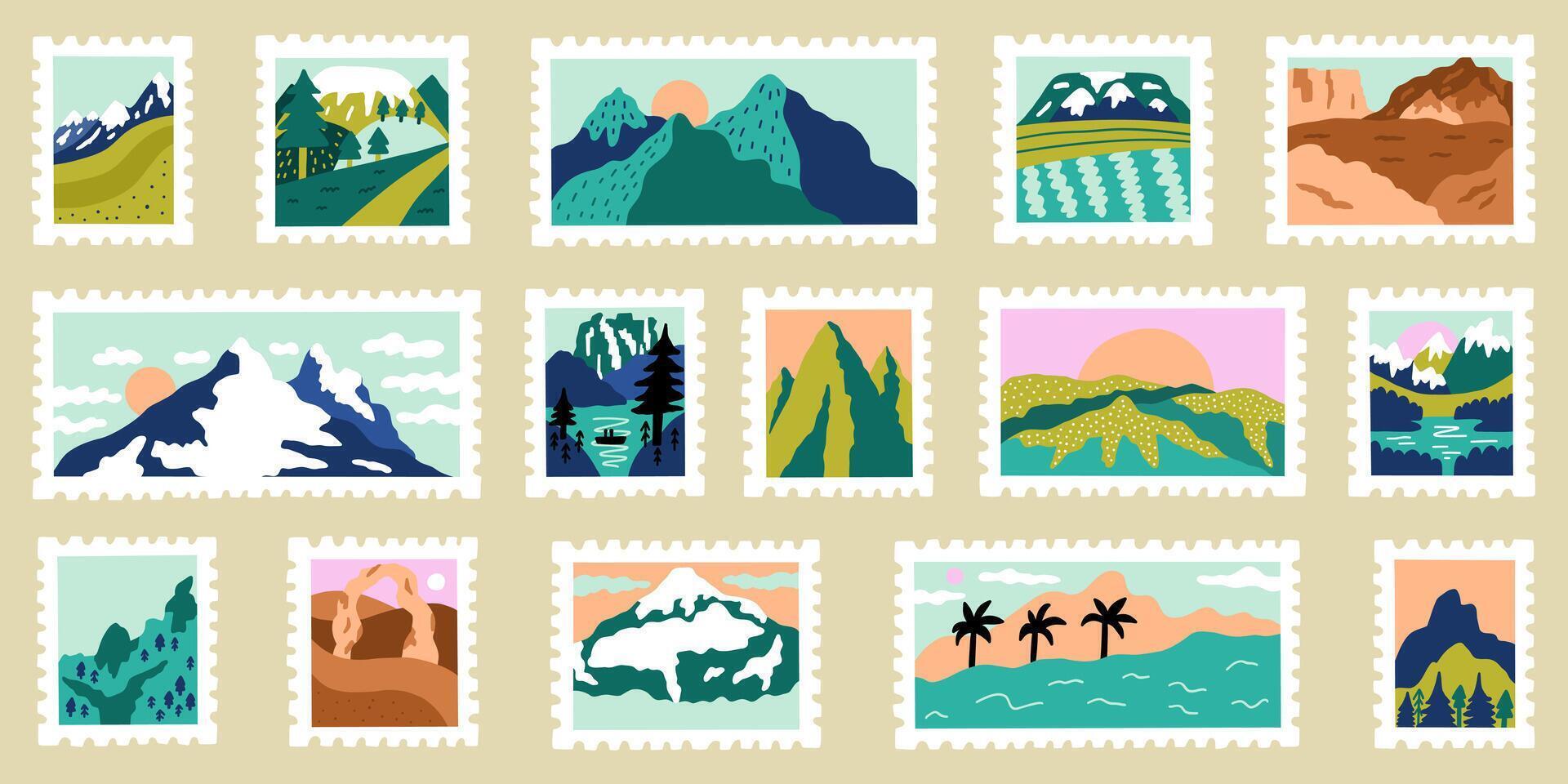Stamp travel mountain post sticker set vector