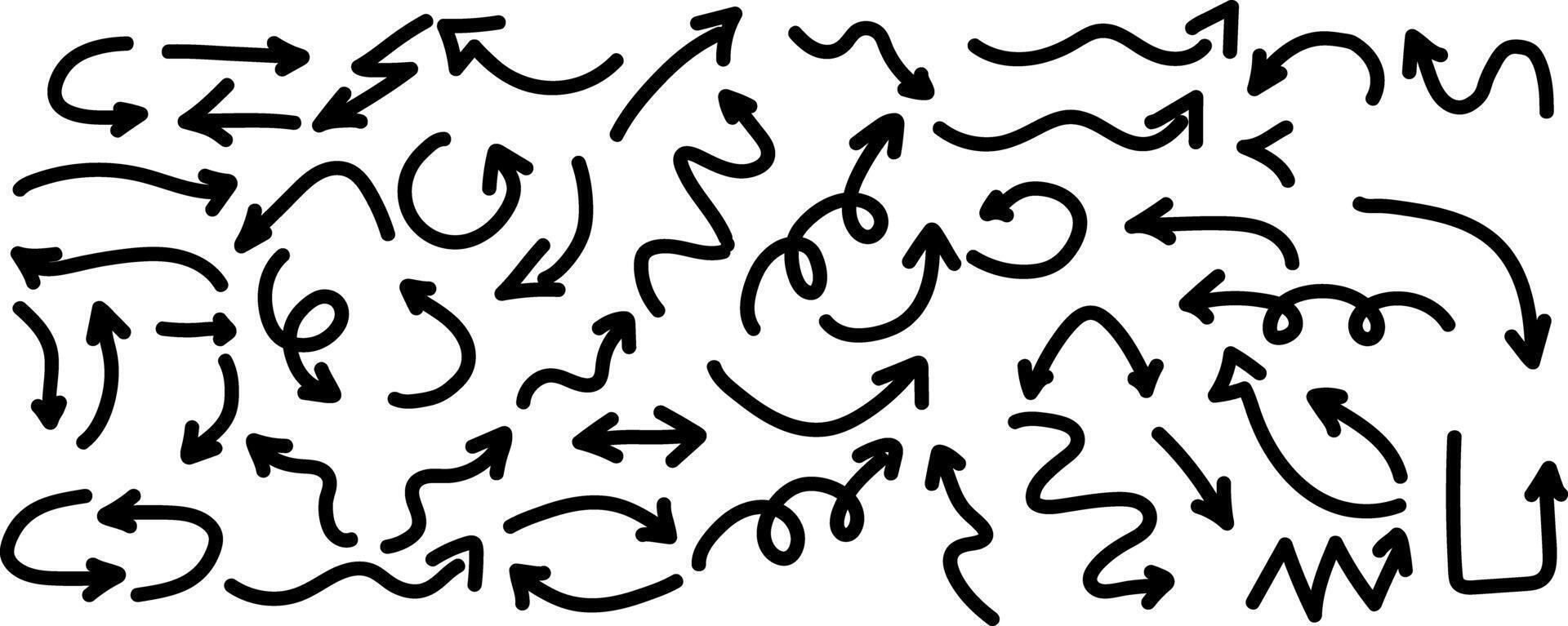 Charcoal hand drawn pencil arrows collection. Doodle curved chalk darts with editable stroke vector