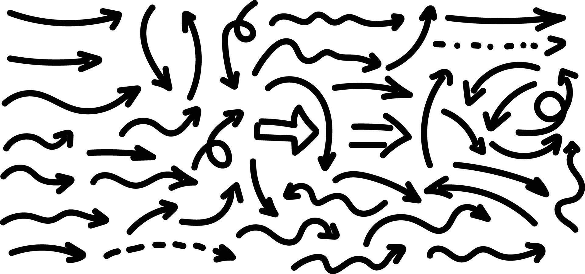Curved charcoal chalk arrows and spirals of grunge doodles in black, hand-drawn on a white background. vector