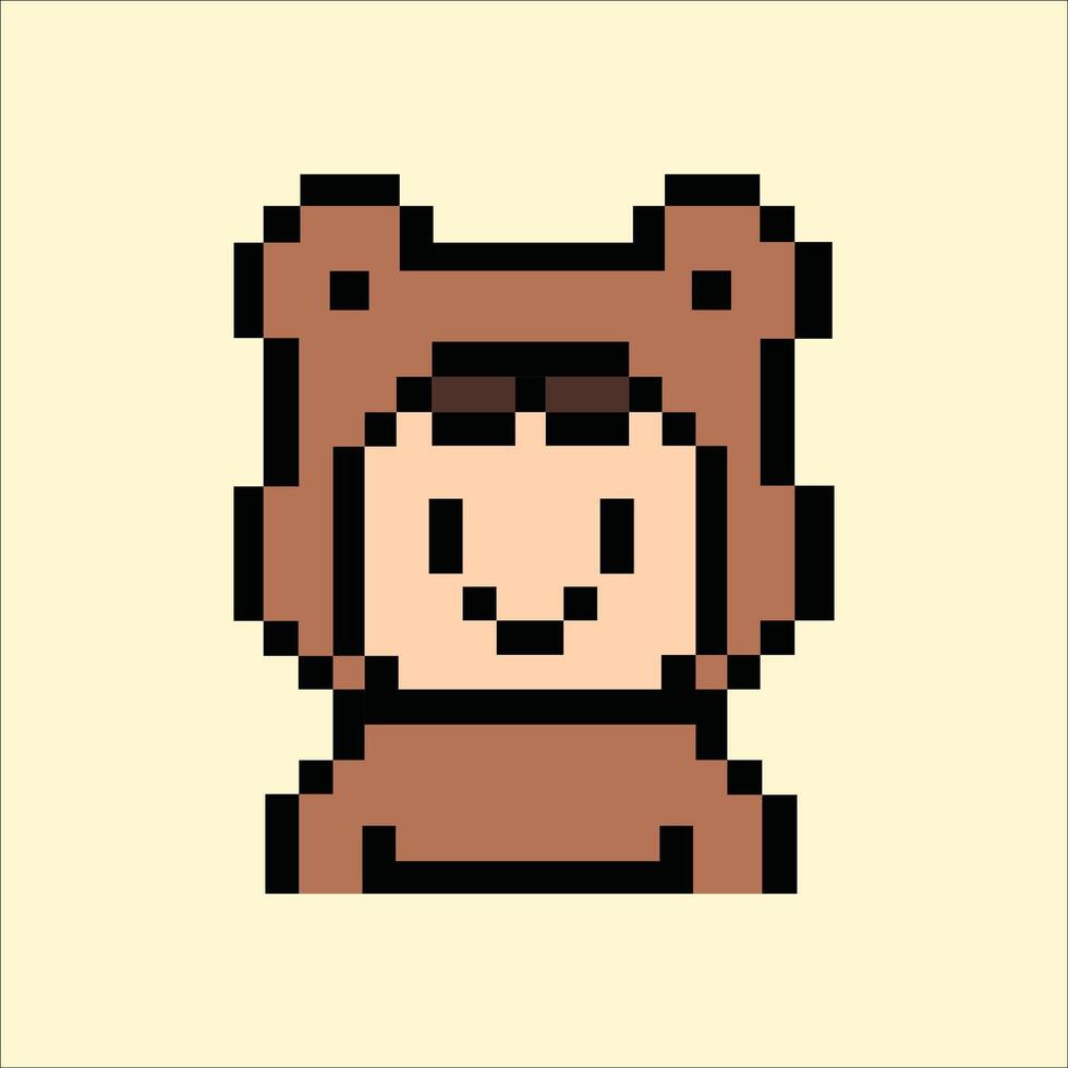Pixel bear-hood girl avatar in costume on soft beige tone vector