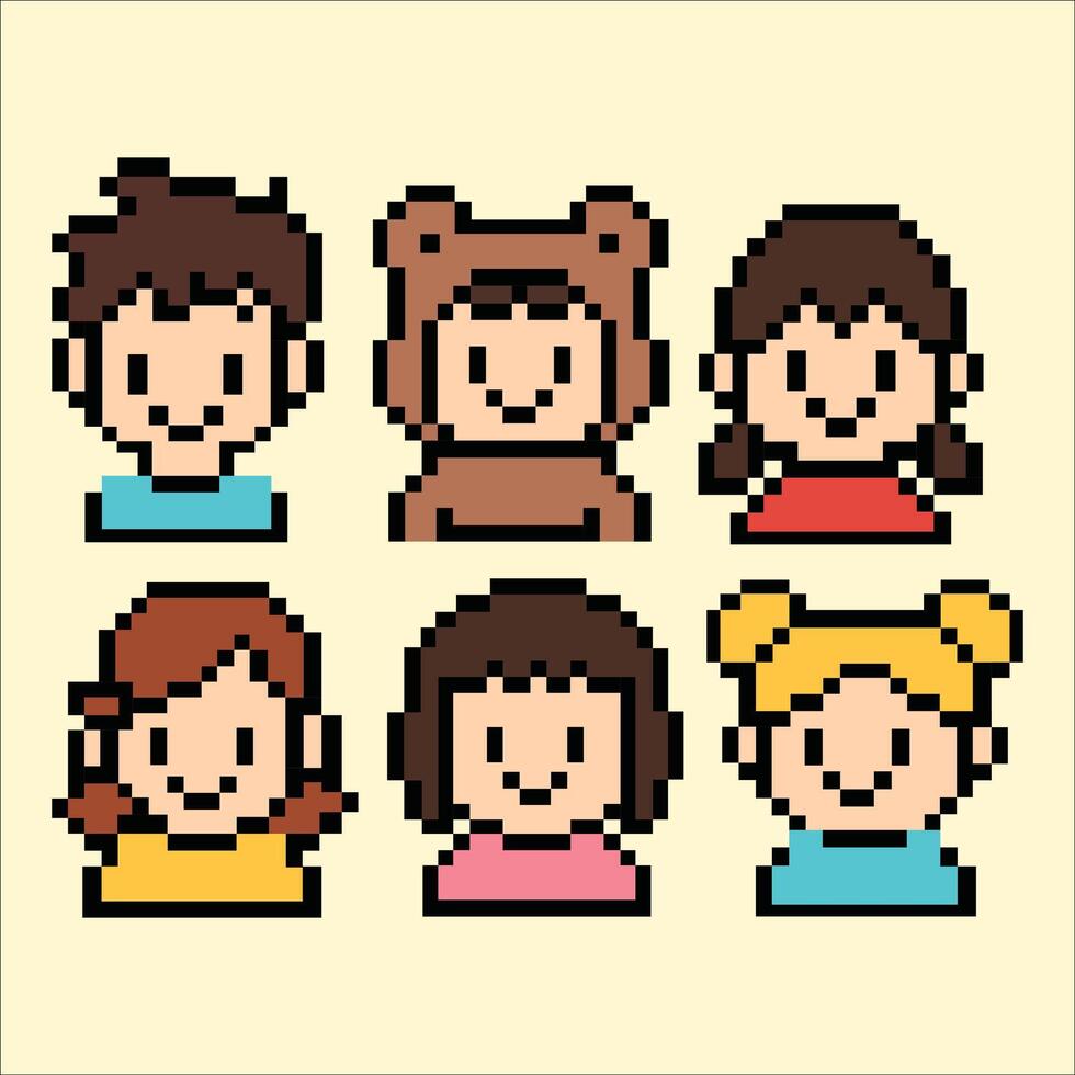 Pixel children avatars with playful expressions in colorful retro style on white square background vector