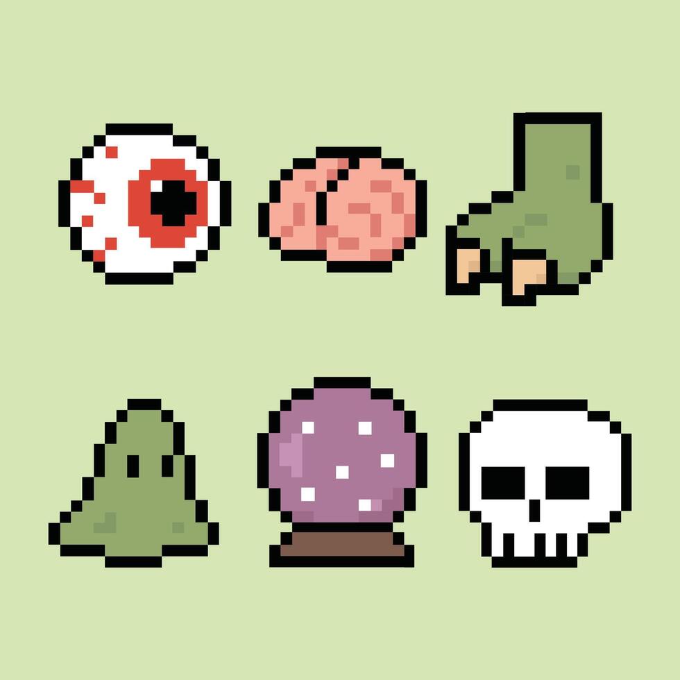 Pixel horror object icon group in retro 8-bit style on pastel lime pixel background vector
