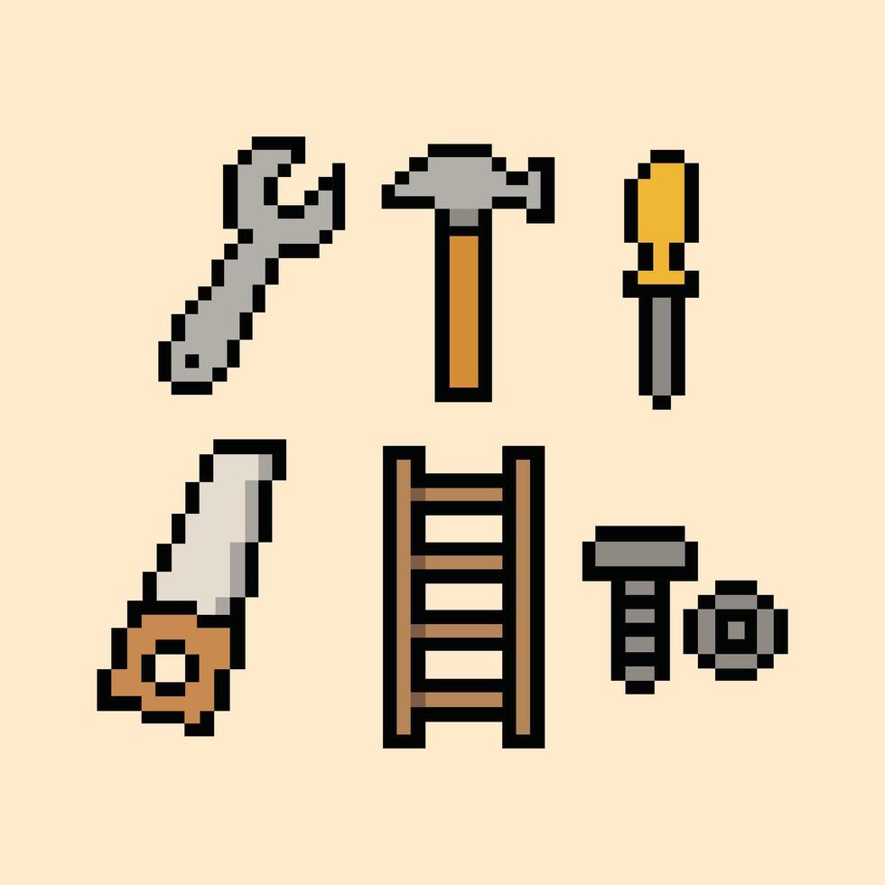 Pixel repair tool icon group in retro 8-bit style on creamy peach pixel background vector