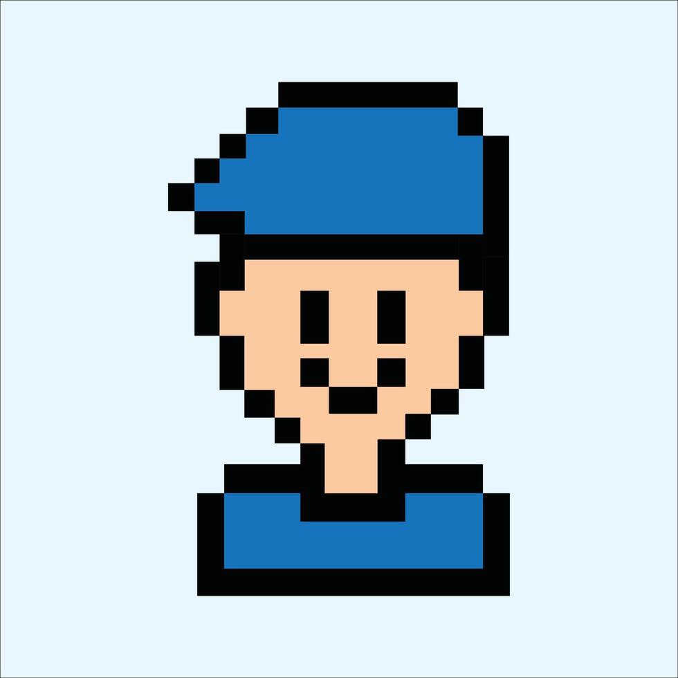 Pixel guy avatar with cap in retro 8-bit style vector