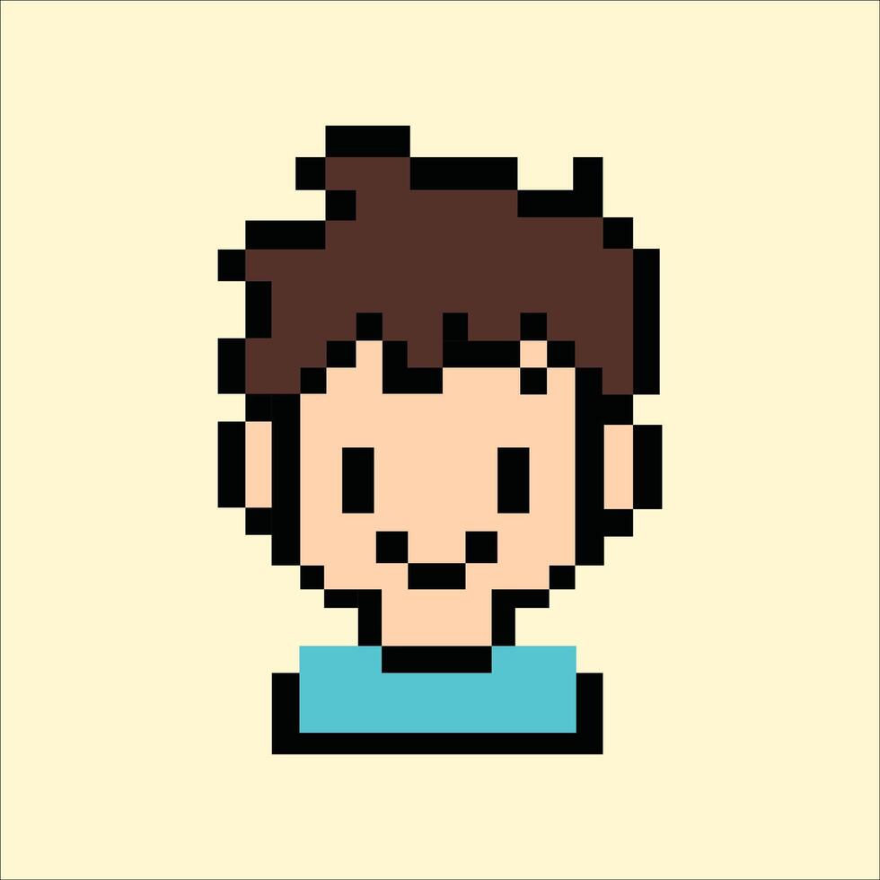 Playful pixel boy avatar in cyan outfit on warm soft tone vector