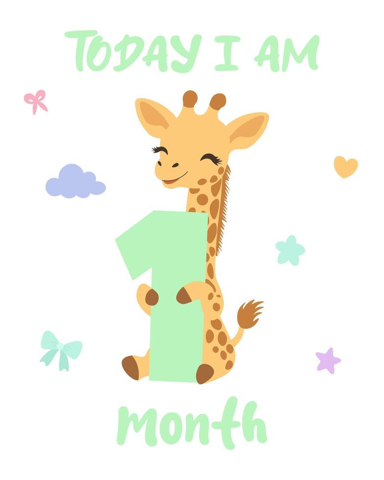 Cute baby giraffe first month card. First month baby milestone greeting card. Newborn one month celebration card. vector