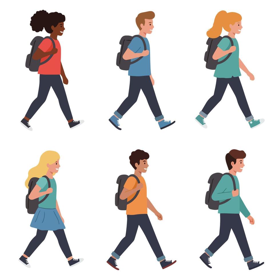 Diverse students walking with backpacks cartoon style vector