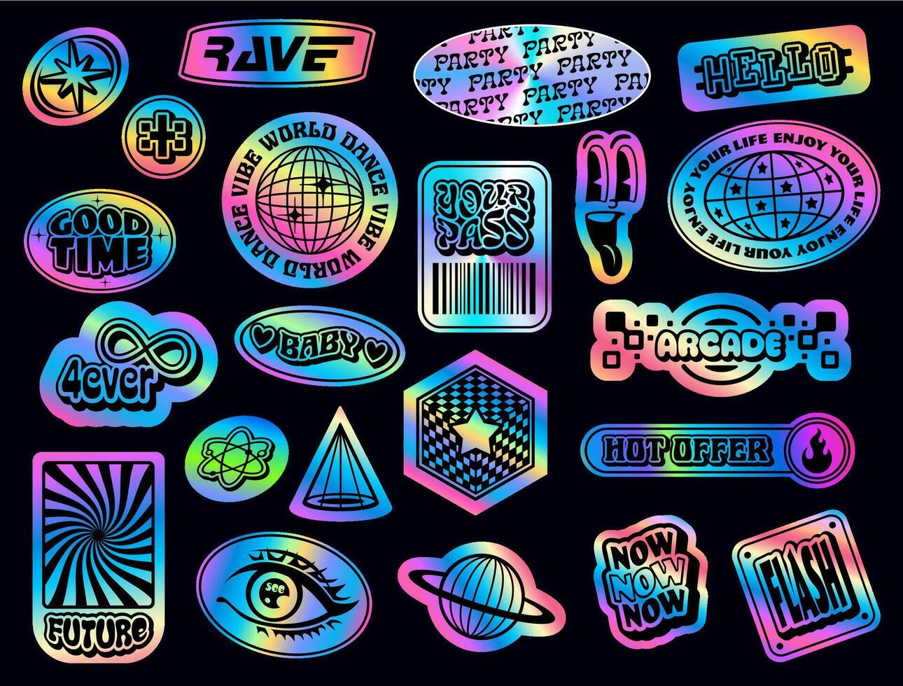 Iridescent holographic y2k groovy patch stickers vector