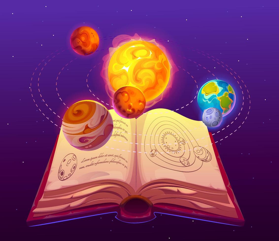 Old magic book, space planets, fantasy astrology vector