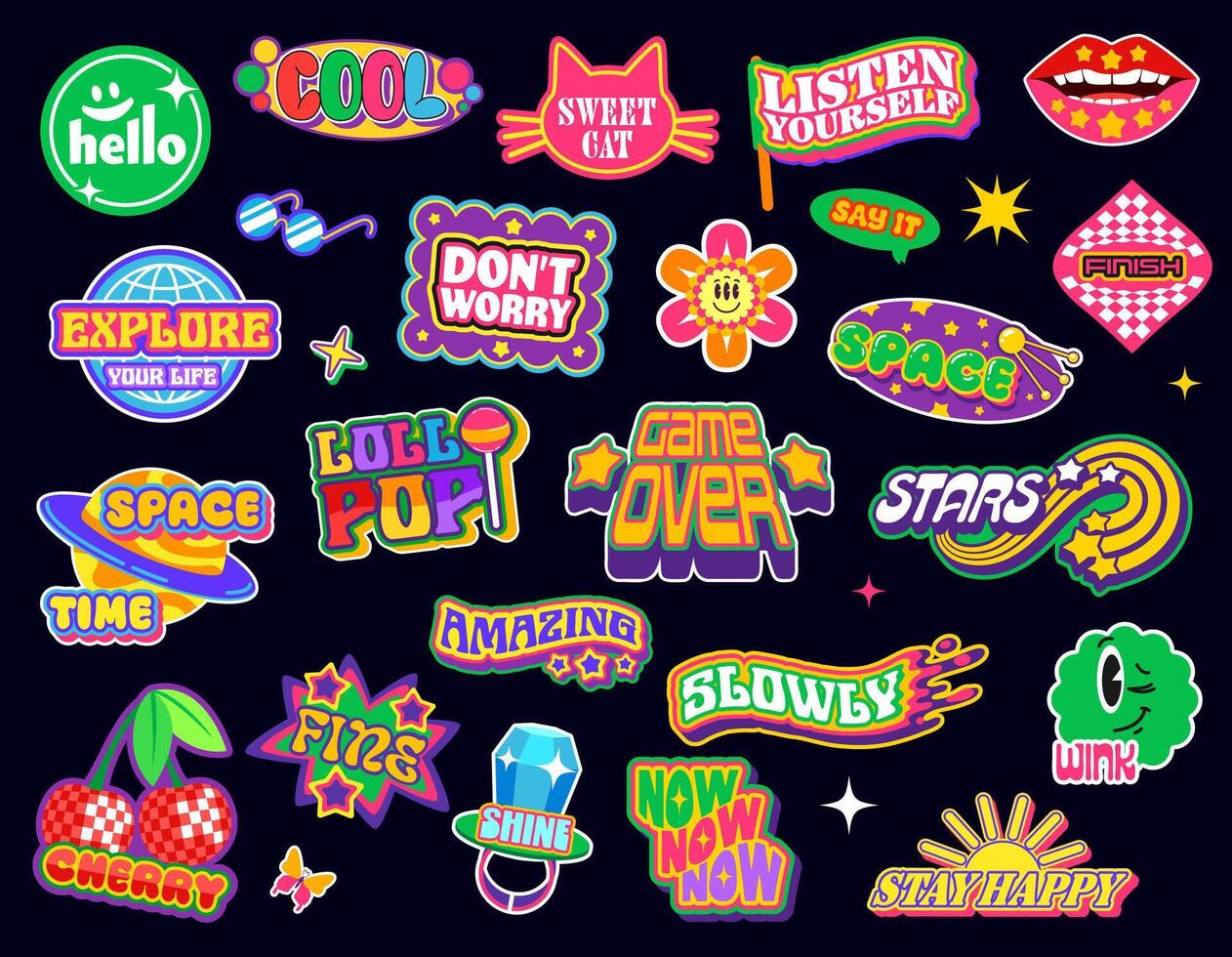 Y2k retro groovy stickers and patch labels set vector