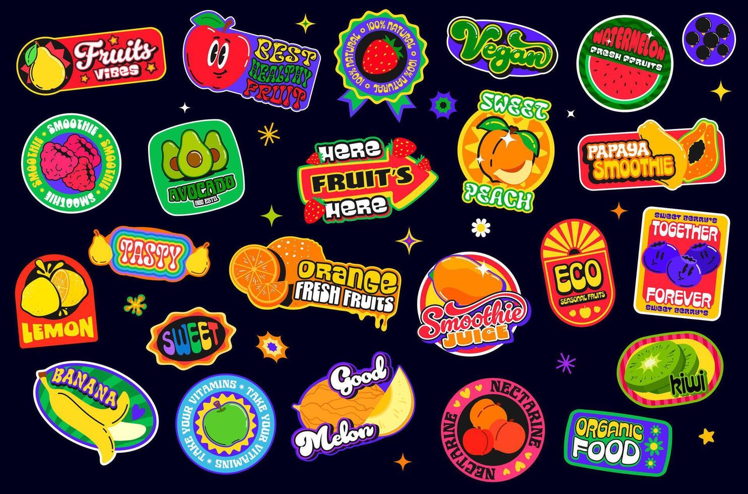 Tropical fruit juice y2k groovy patch stickers vector