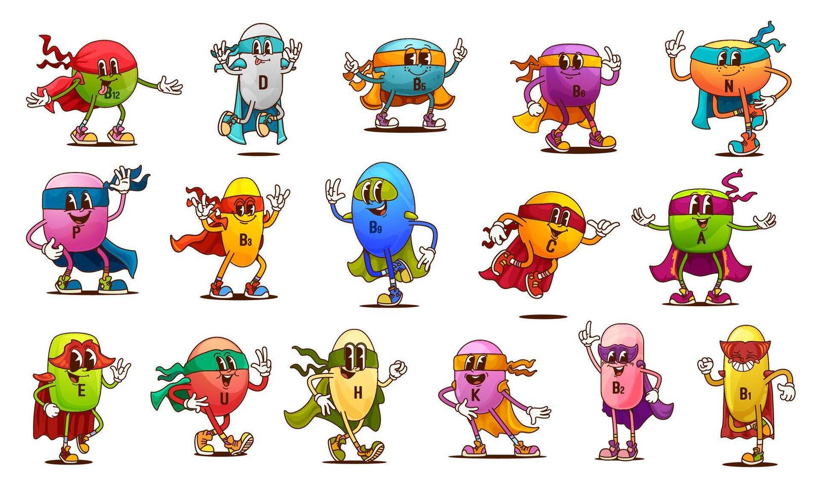 Cartoon groovy vitamin characters superheroes vector