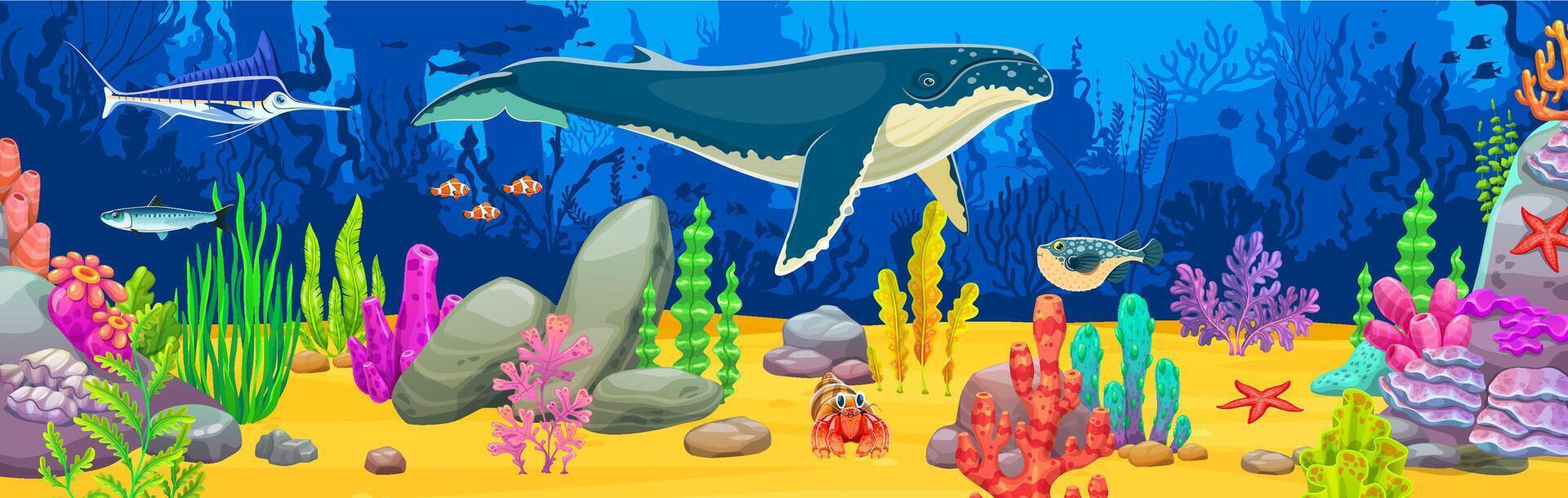 Sperm whale and fishes at underwater landscape vector