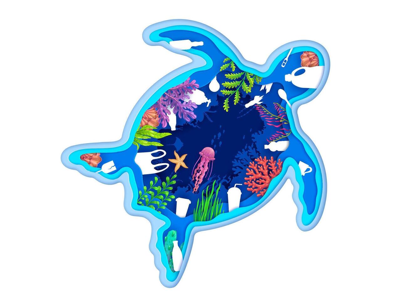 Save the ocean paper cut turtle with plastic waste vector