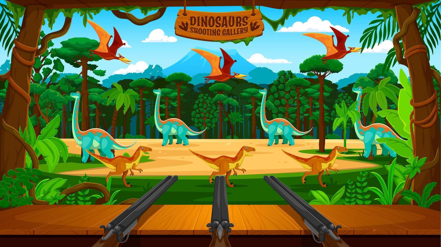 Dinosaurs shooting gallery, carnival shoot game vector