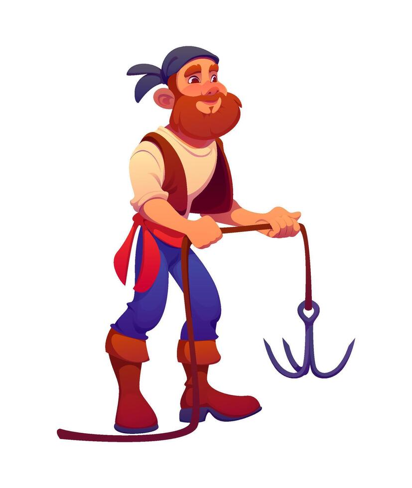Cartoon pirate corsair character, grappling hook vector