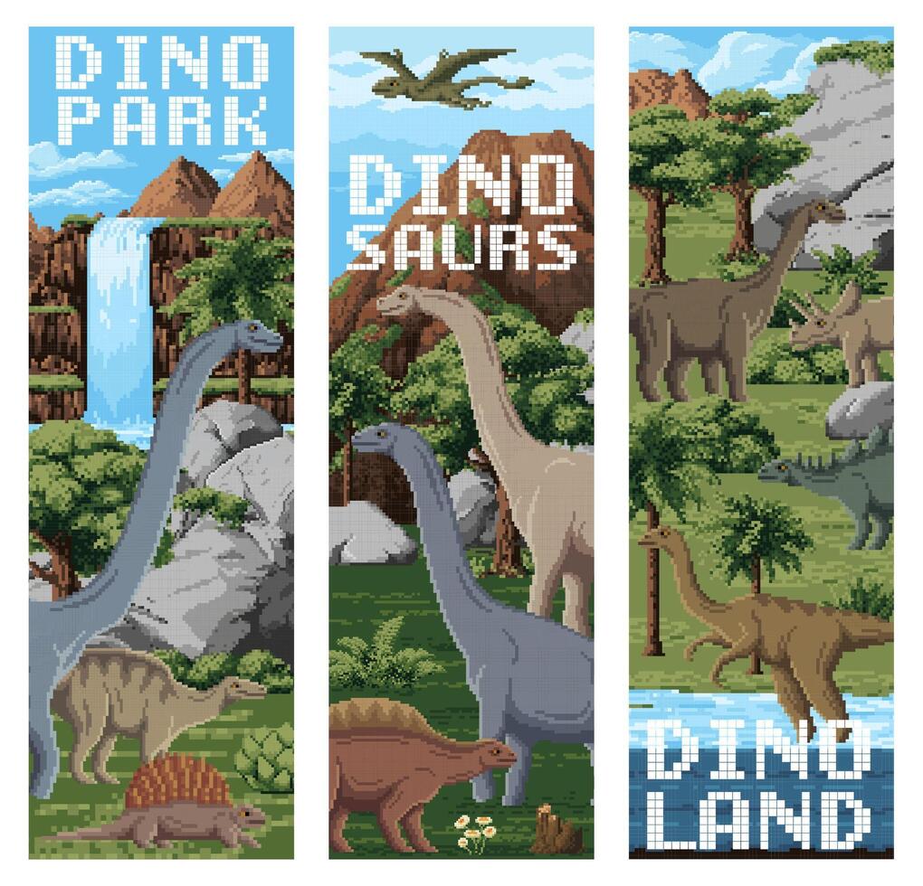 8 bit pixel prehistoric dinosaurs vector
