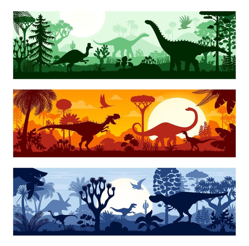 Dinosaurs silhouettes at jungle tropical forest. vector