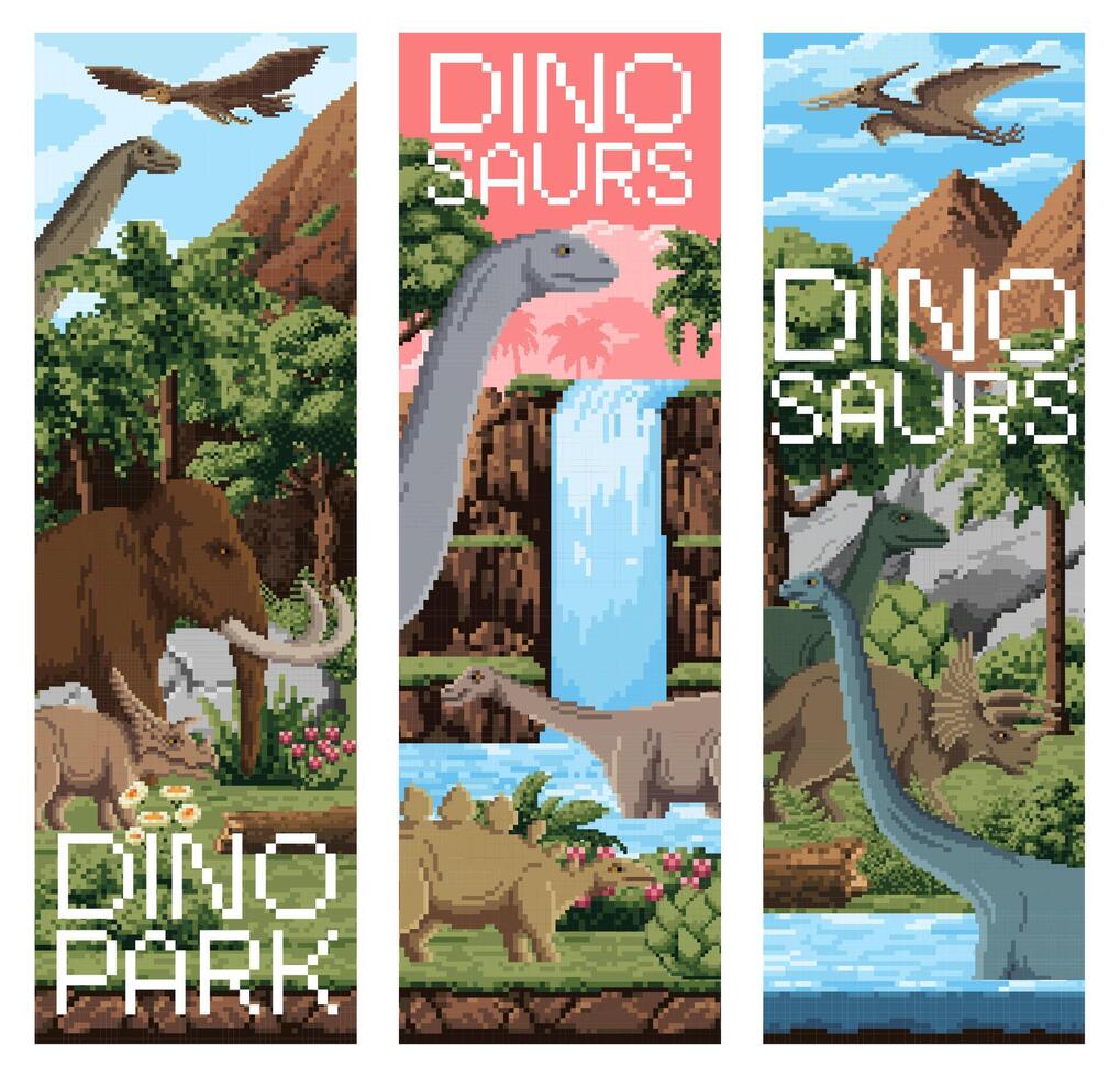 8 bit pixel art dinosaurs in Jurassic dino park vector