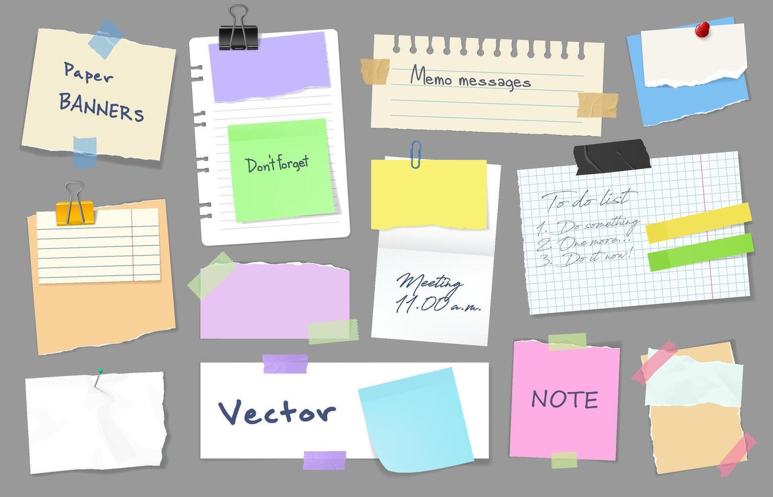 Business paper note stickers, school sticky sheets vector
