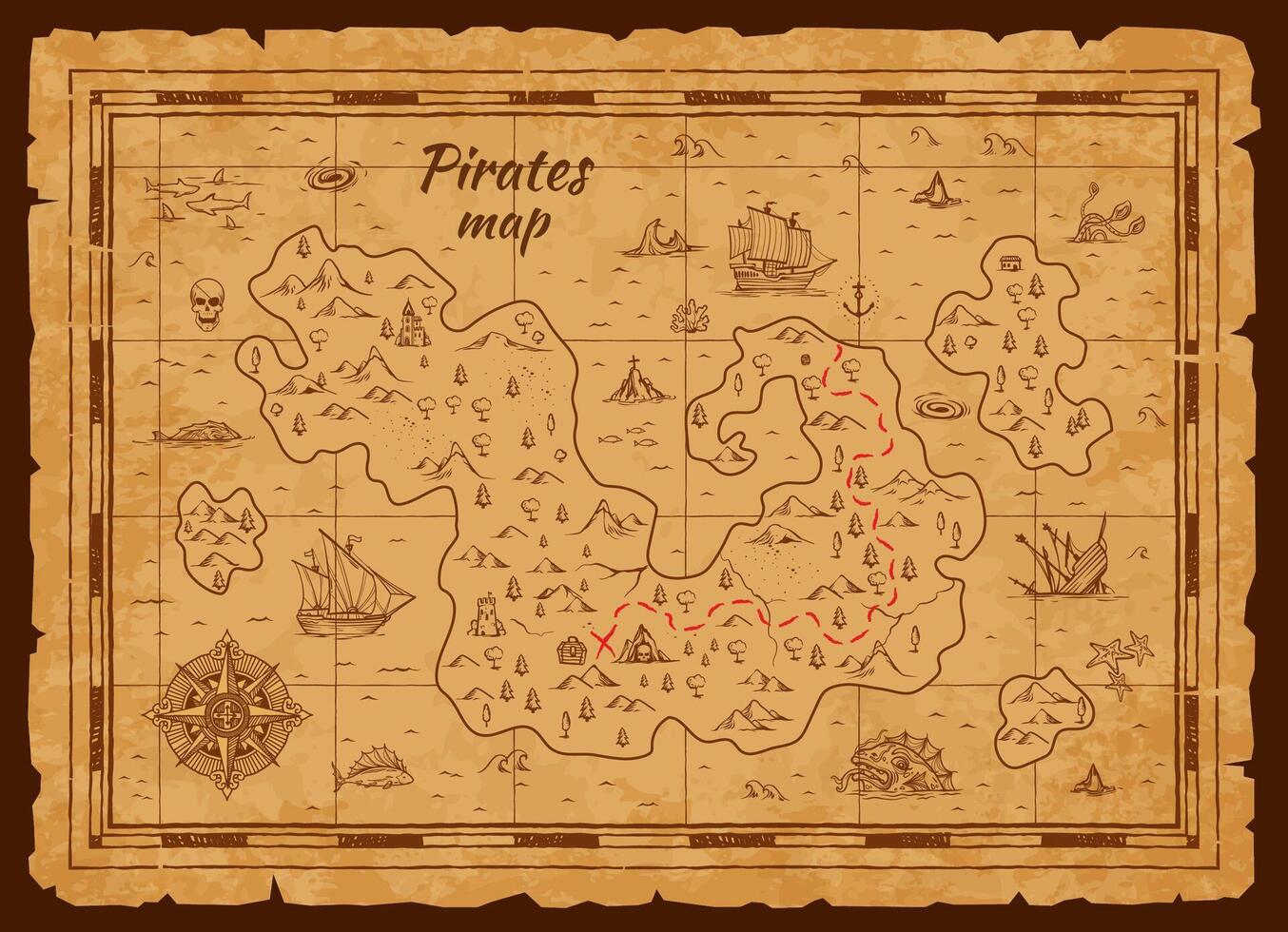Old pirate treasure map, vintage worn parchment vector