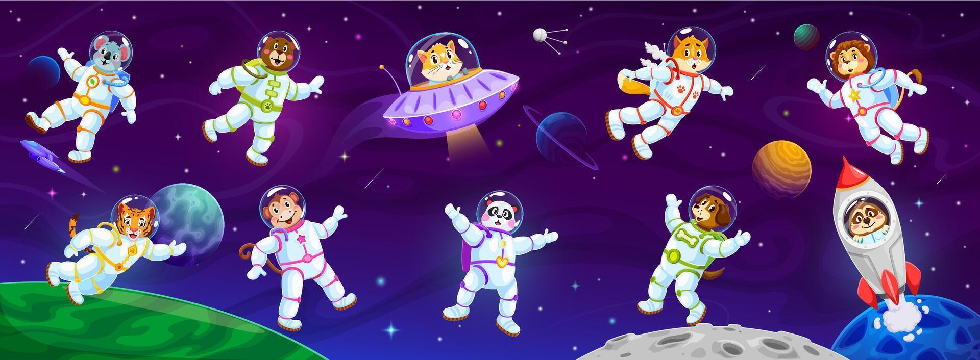 Cartoon funny animal astronauts in galaxy space vector