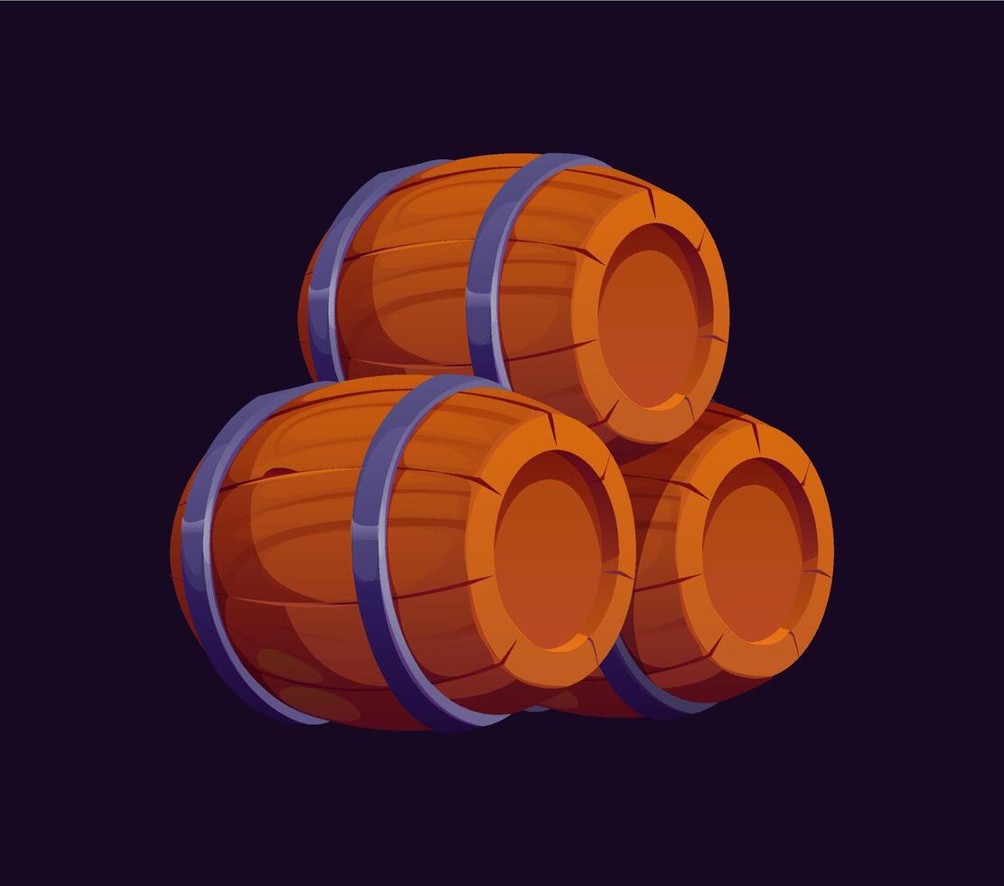 Cartoon icon of three wooden pirate barrels stack vector