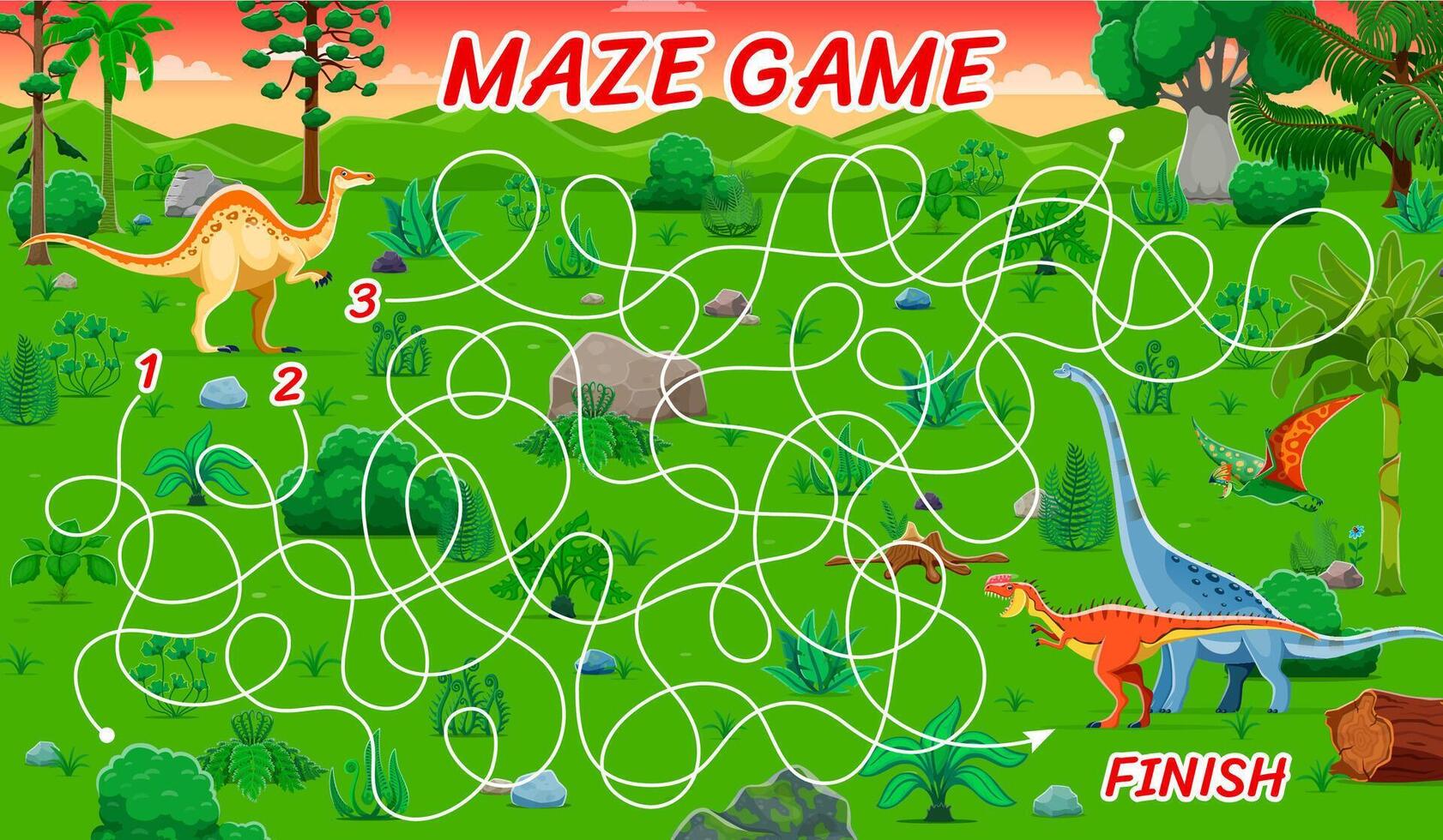 Kids labyrinth maze game with cute dinosaurs vector