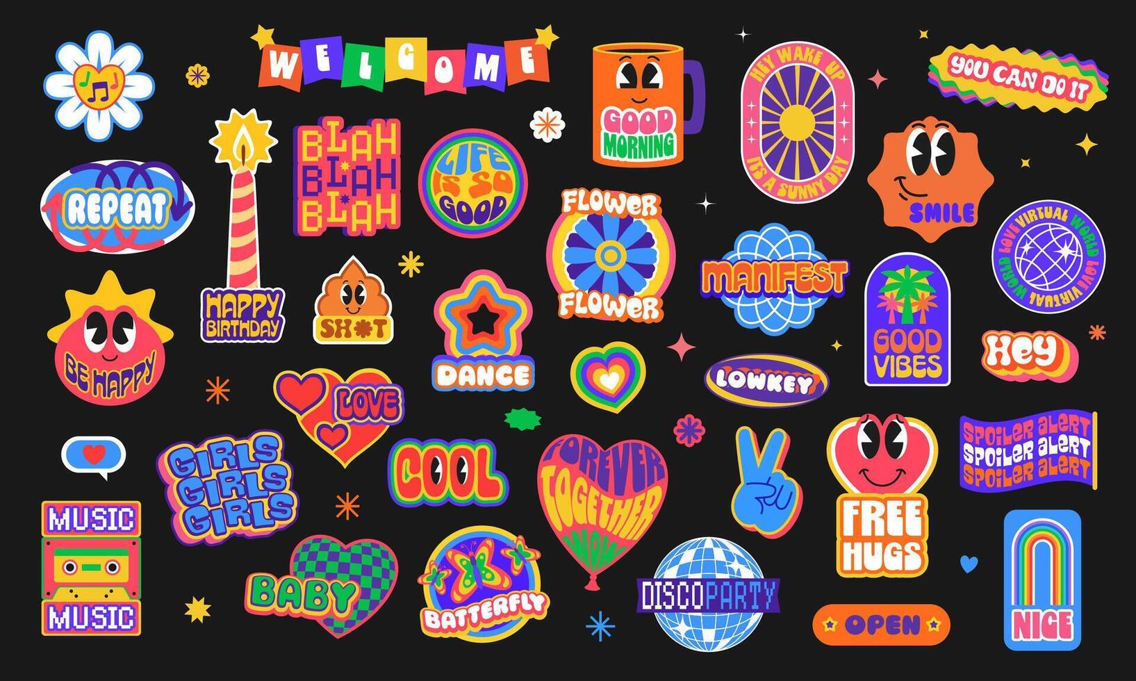 Retro y2k icons and stickers groovy patch labels vector