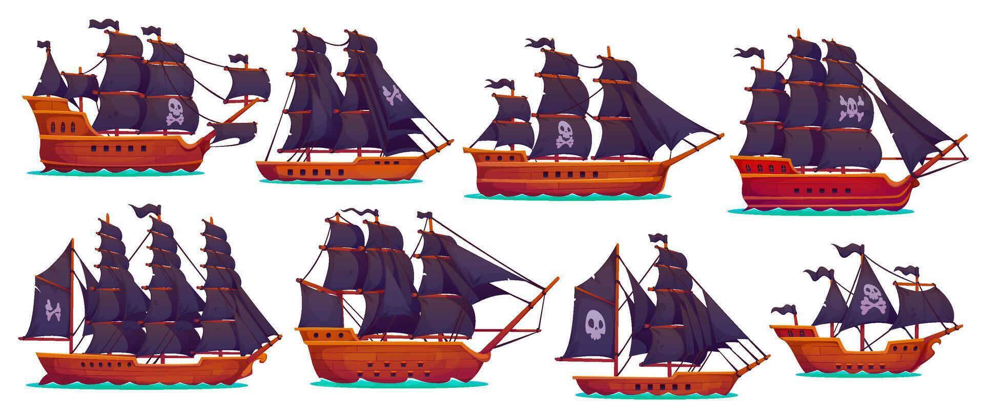 Pirate sail ships, corsair boats with black flags vector