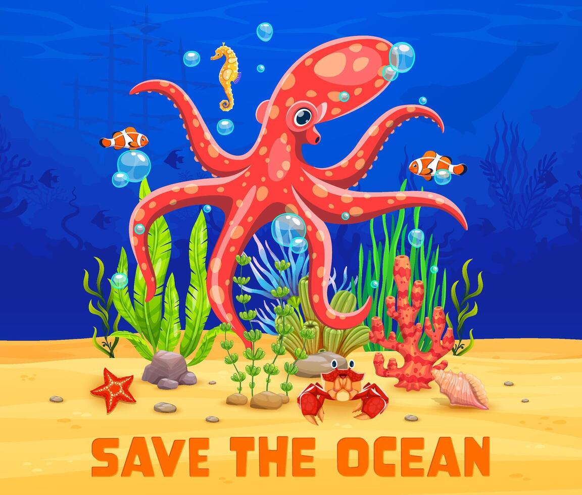 Save the ocean banner with funny marine octopus vector