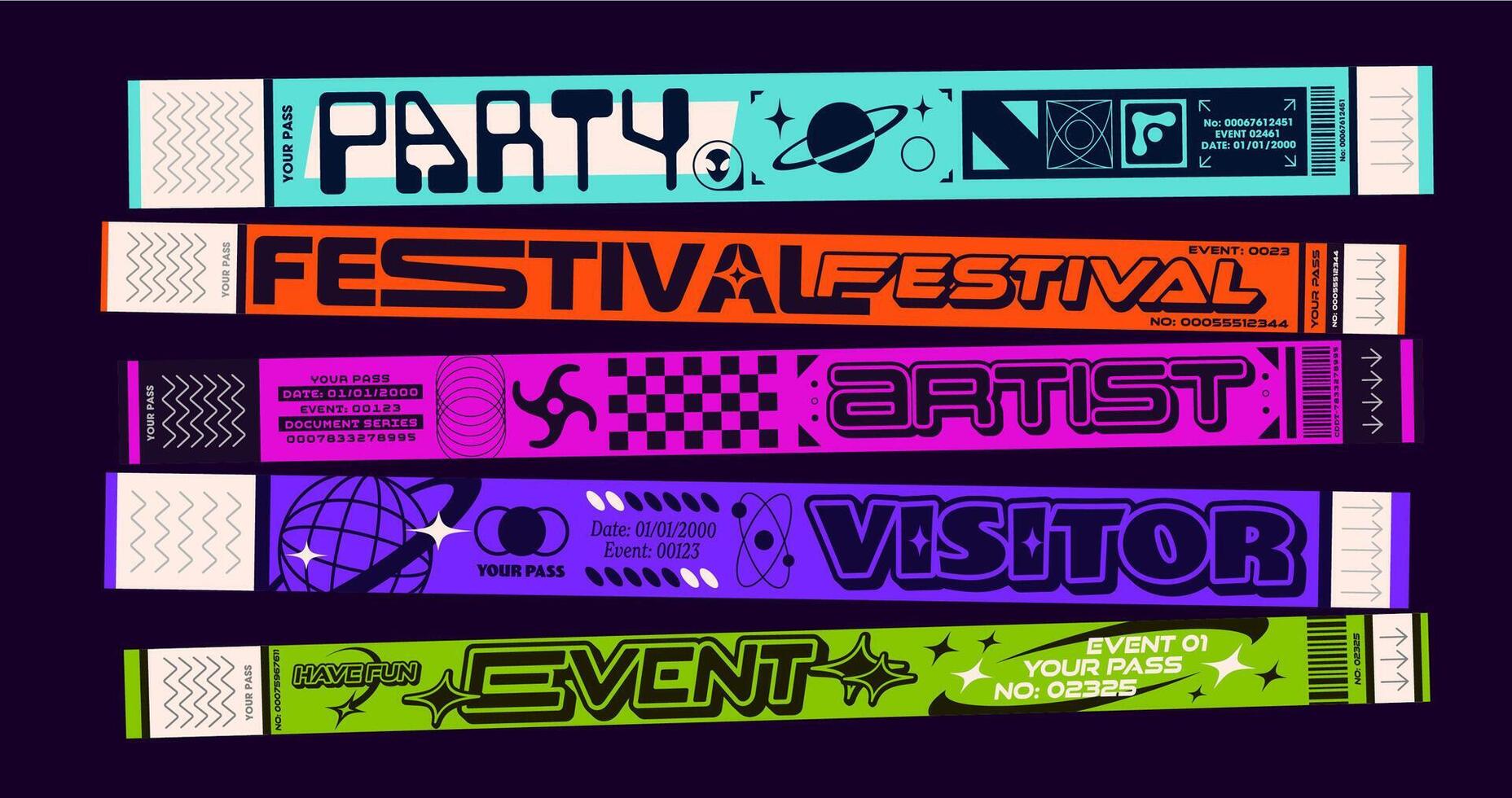 Festival ticket, 2k event party bracelet pass set vector