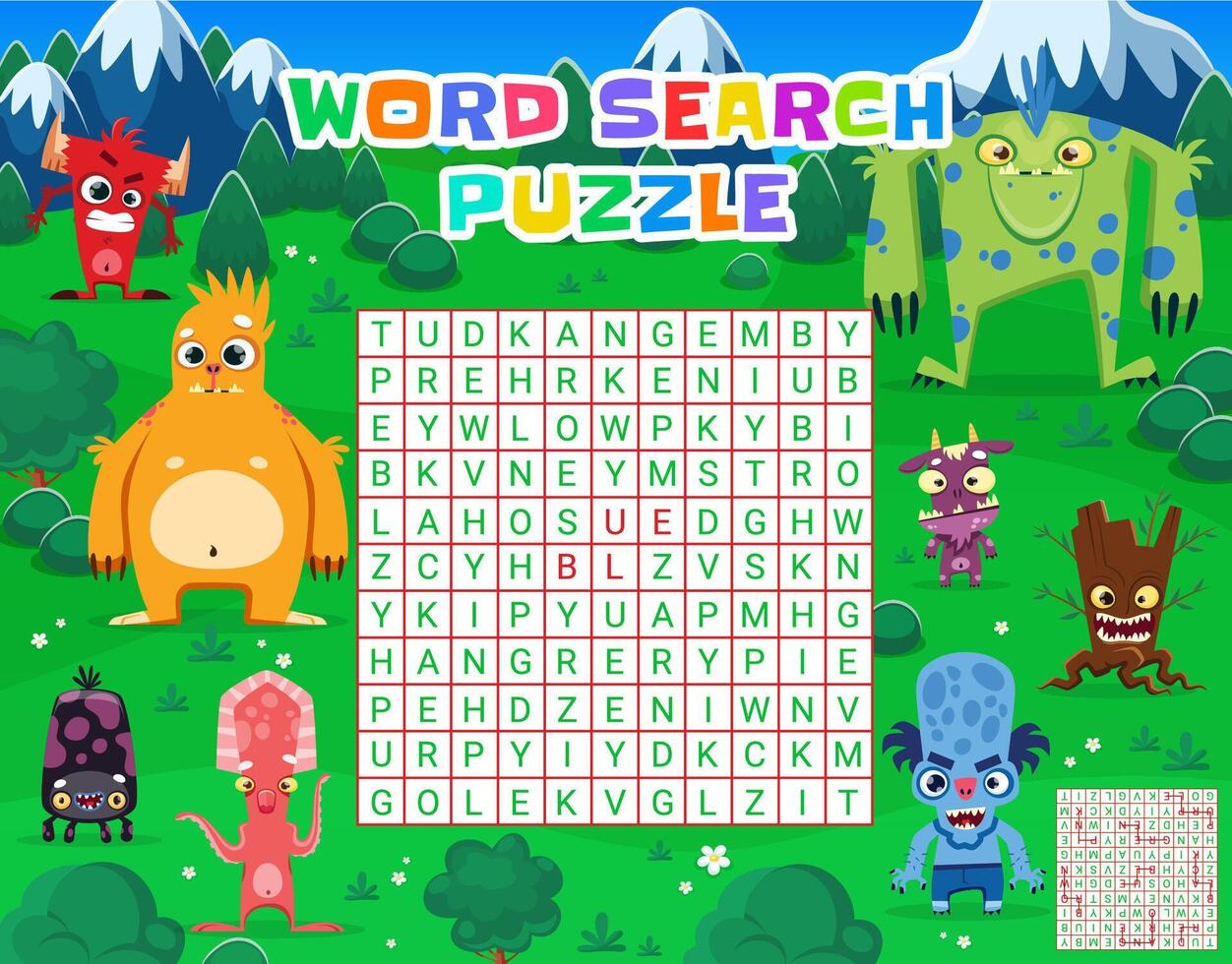 Word search puzzle game quiz with funny monster vector