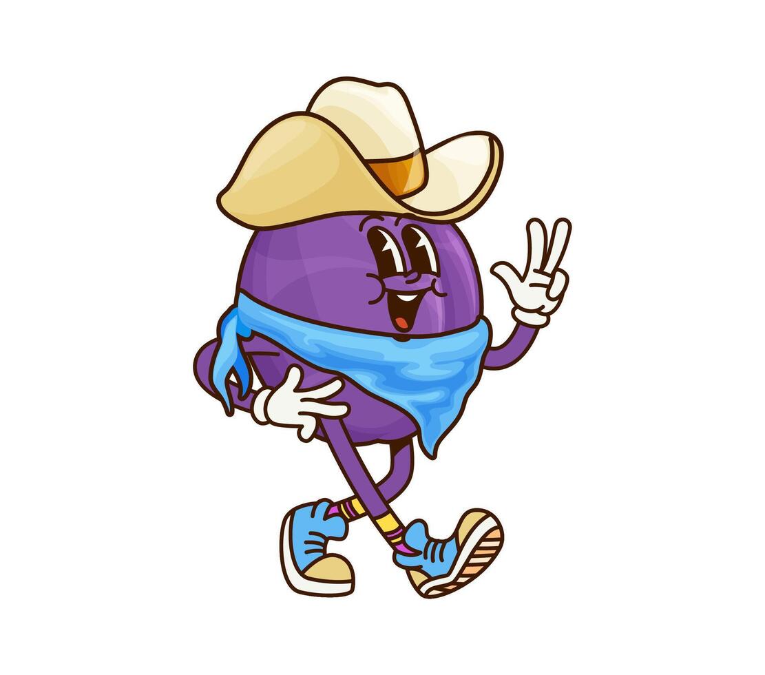 Cartoon groovy plum fruit cowboy, sheriff, ranger vector