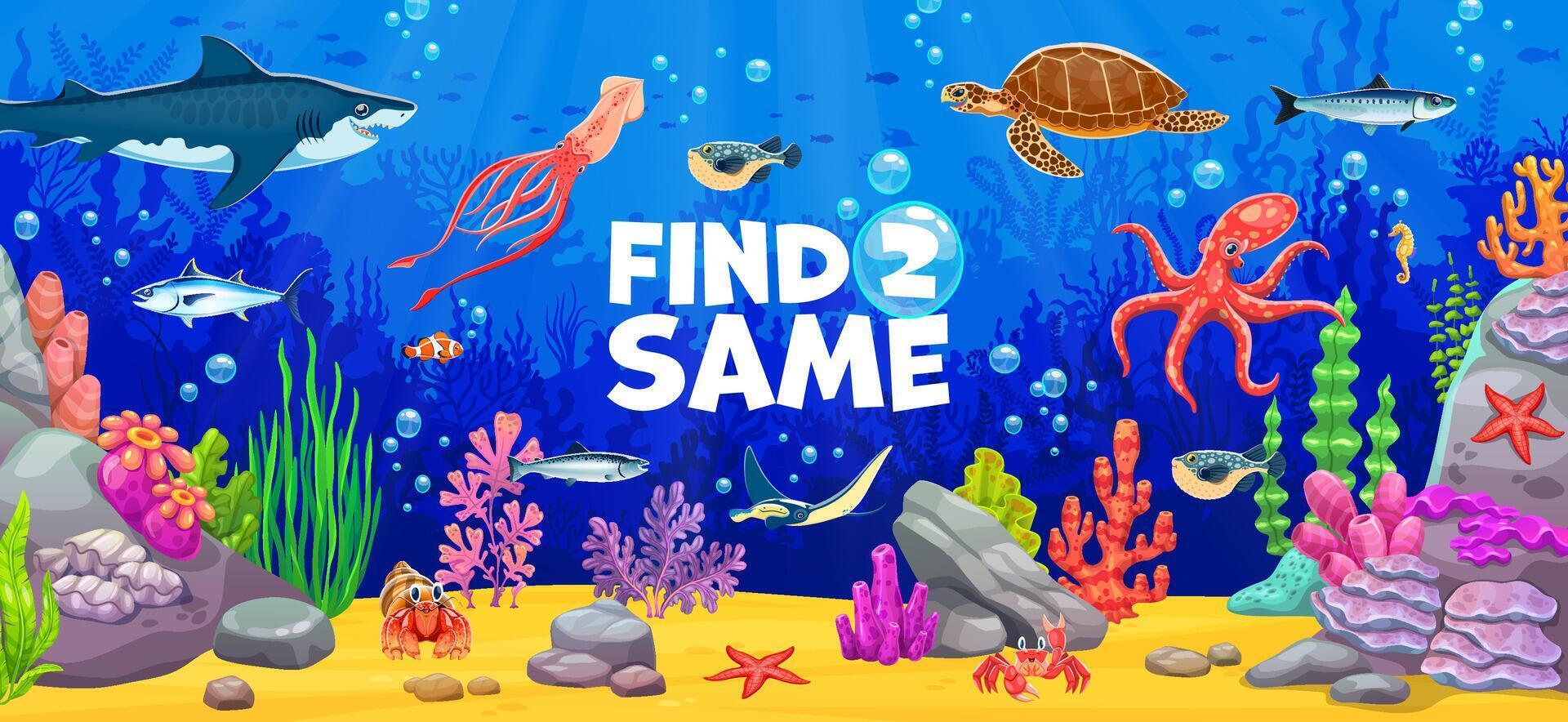 Kids game worksheet, find two same sea animals vector
