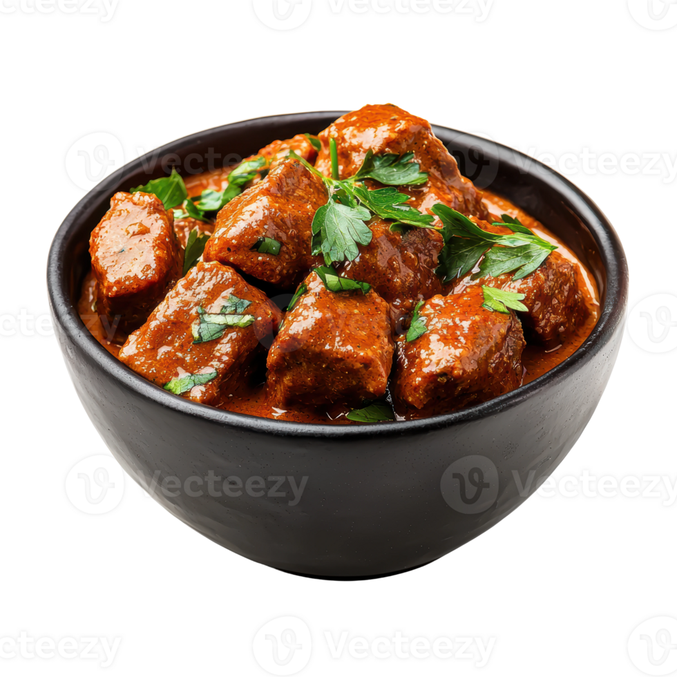 Tender Beef Chunks Coated in Rich Curry Sauce Garnished with Herbs png