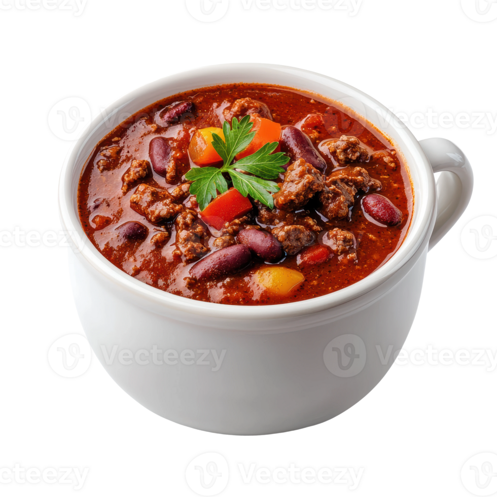 Hearty beef chili with thick sauce and visible meat chunks png