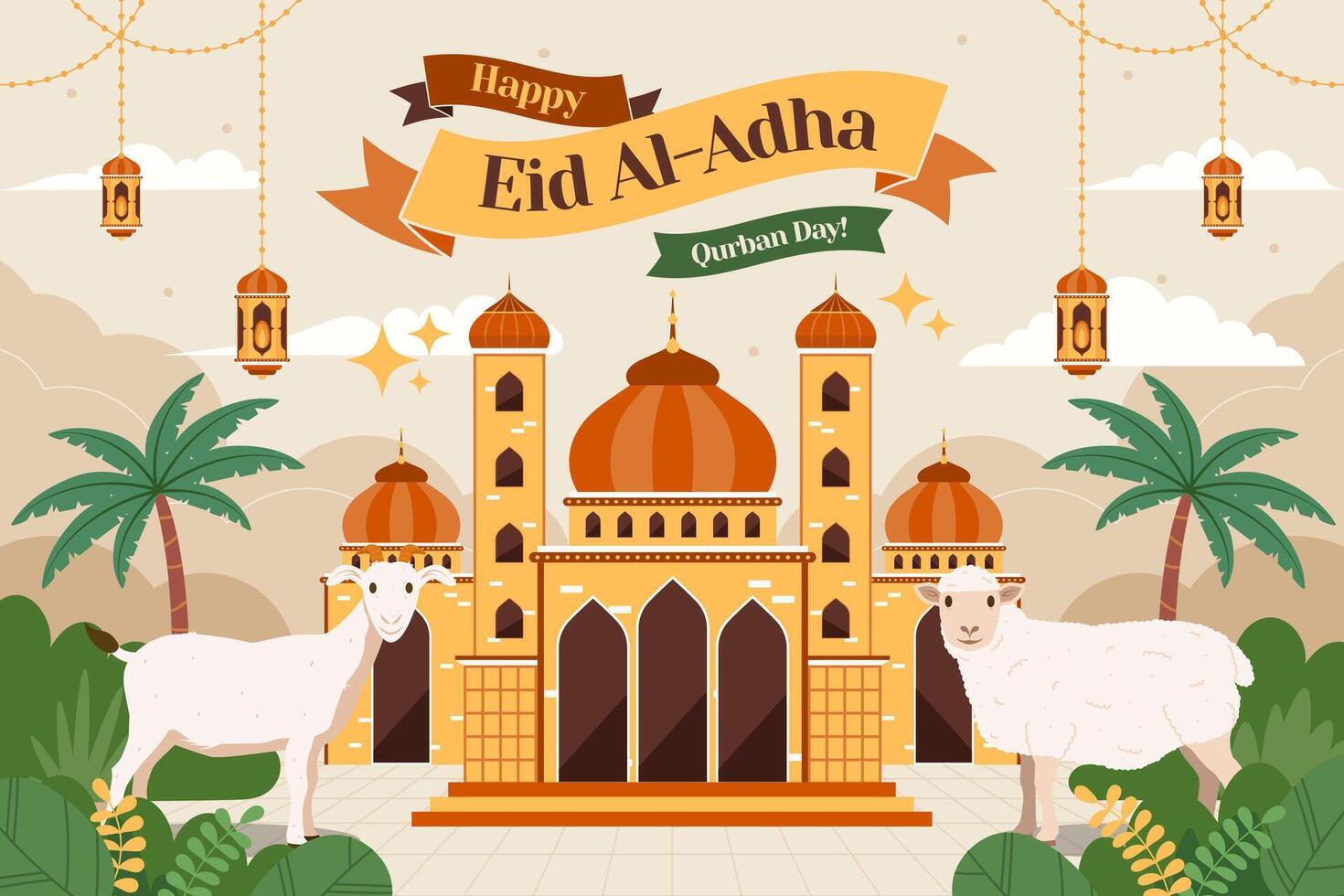 eid al adha background with sheep and mosque illustration vector