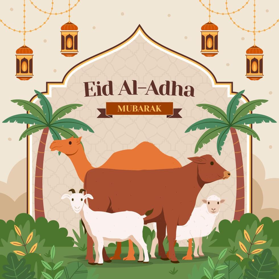 eid al adha islamic festival background with animals illustration vector