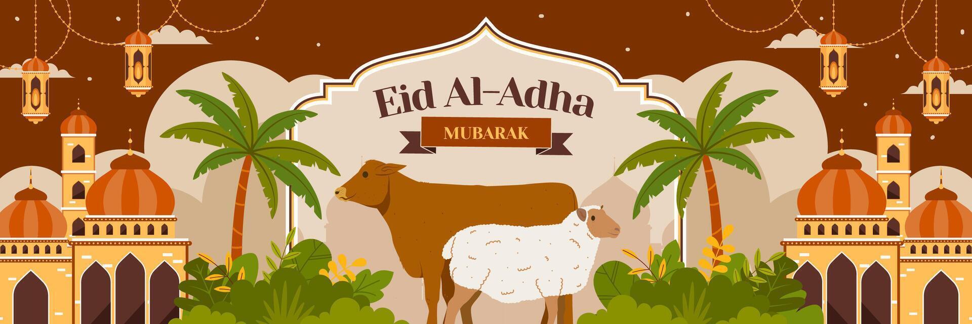 eid al adha islamic festival background with sheep and mosque vector