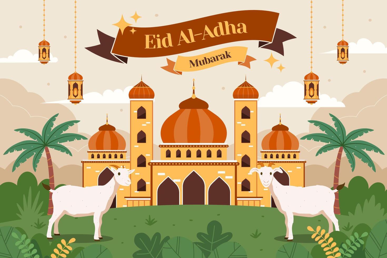 eid al-fitr islamic festival background with goats and mosque illustration vector
