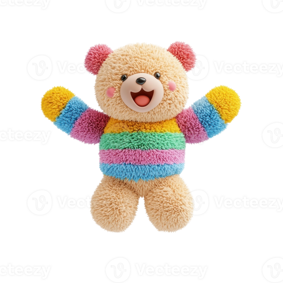 Playful 3D Colorful Teddy Bear with Fluffy Texture and Cheerful Expression png