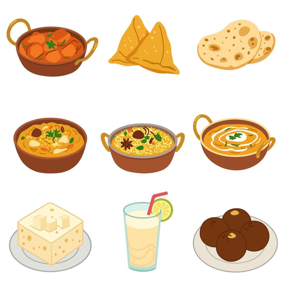 Indian Food Set Cuisine Dishes. vector